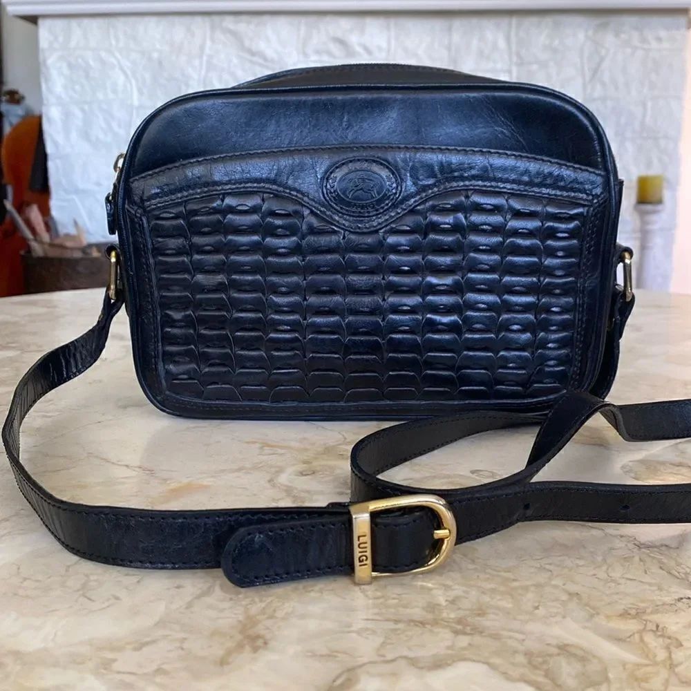 Vintage Luigi Bianchi Montova Black Leather Intricato Lattice Box Shoulder Bag